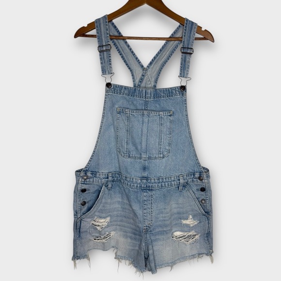 Abercrombie &‎ Fitch Distressed Denim Bib Overalls Shortalls Jeans Raw Hem Large - Picture 2 of 6